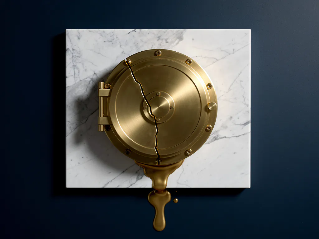 Verzegelde messing kluisdeur met gouden vloeistof die via een scheur op wit marmer lekt, minimalistisch bovenaanzicht.