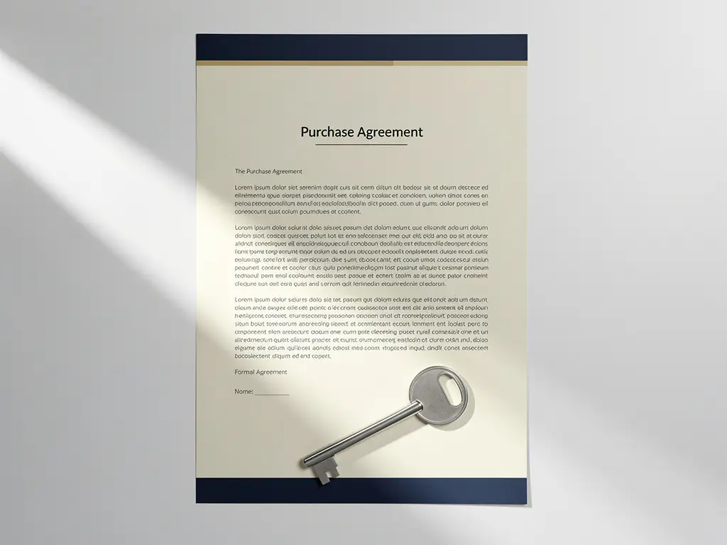 Formeel koopcontract op wit bureau met glanzende stalen sleutel, geometrische schaduwen in marineblauw en zilver.