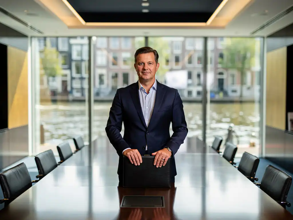 Zelfverzekerde teamleider aan het hoofd van een vergadertafel met uitzicht op Amsterdamse grachten door grote ramen.