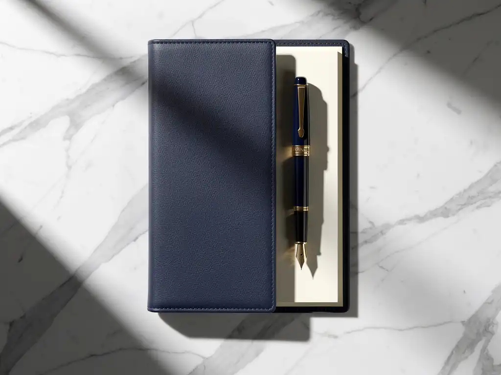 Stapel leren contracten op wit marmeren bureau met gouden vulpen, strak bovenaanzicht in marineblauw en ivoor tinten.