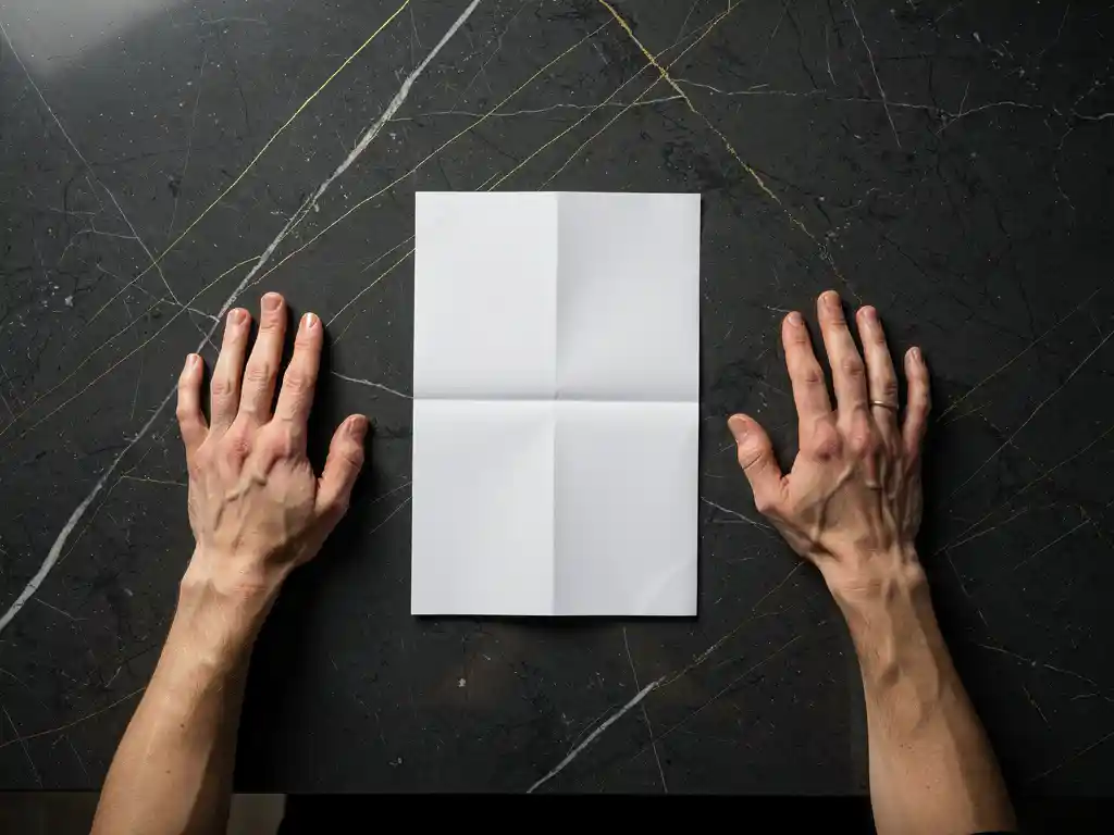Twee handen aan weerszijden van een donkere marmeren vergadertafel met een gevouwen document ertussen, tijdens een gespannen onderhandeling.