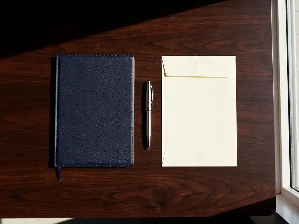 Verzegelde envelop en leren document met zilveren pen op donker walnoothouten bureau, zacht natuurlijk licht.