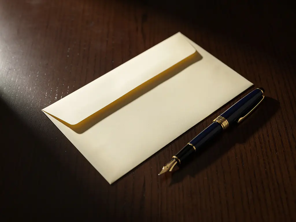 Verzegelde manila envelop op donker eiken bureau met een vulpen er diagonaal naast, zacht licht van links.